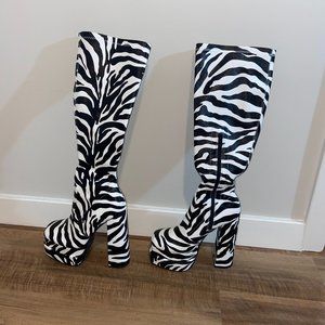 Brand New, Never Used Nasty Gal Zebra Print Knee Length Boots, Size 9